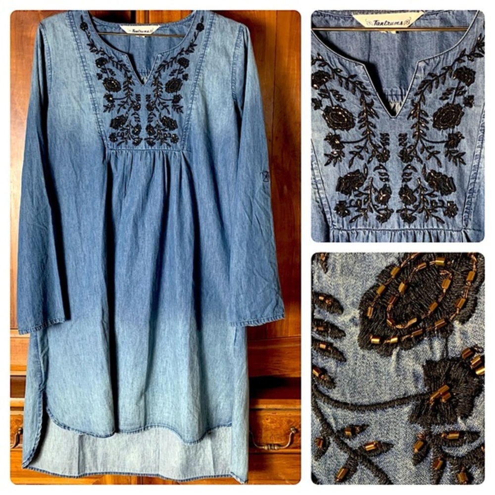 🌺Denim Embroidered Beaded Tantrums Midi Dress Sz L - Picture 1 of 15